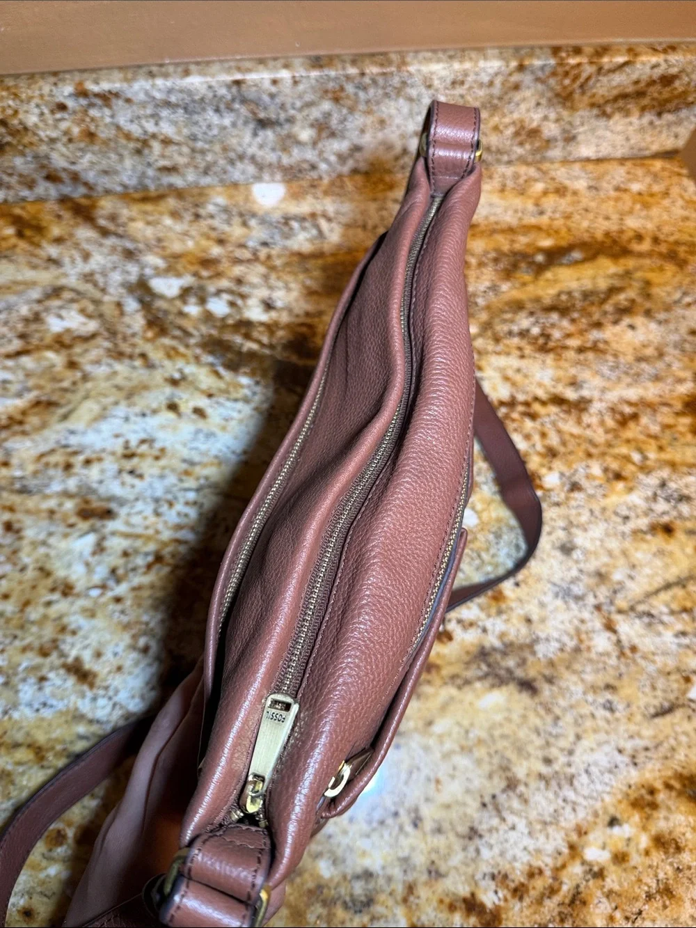 Fossil Chestnut Pebbled Leather Messenger Bag